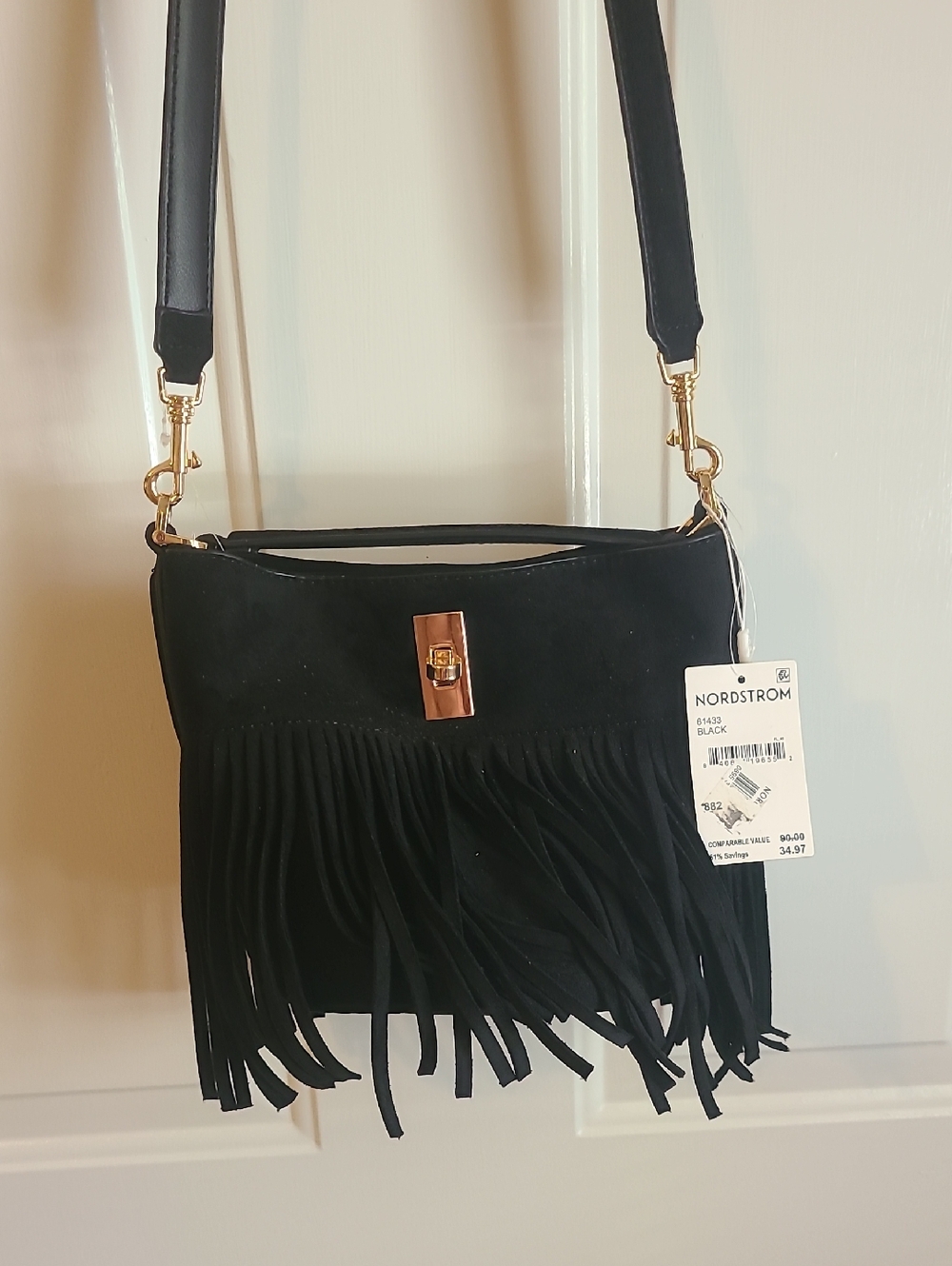 Nordstrom Black Fringe Crossbody Bag with Gold Hardware